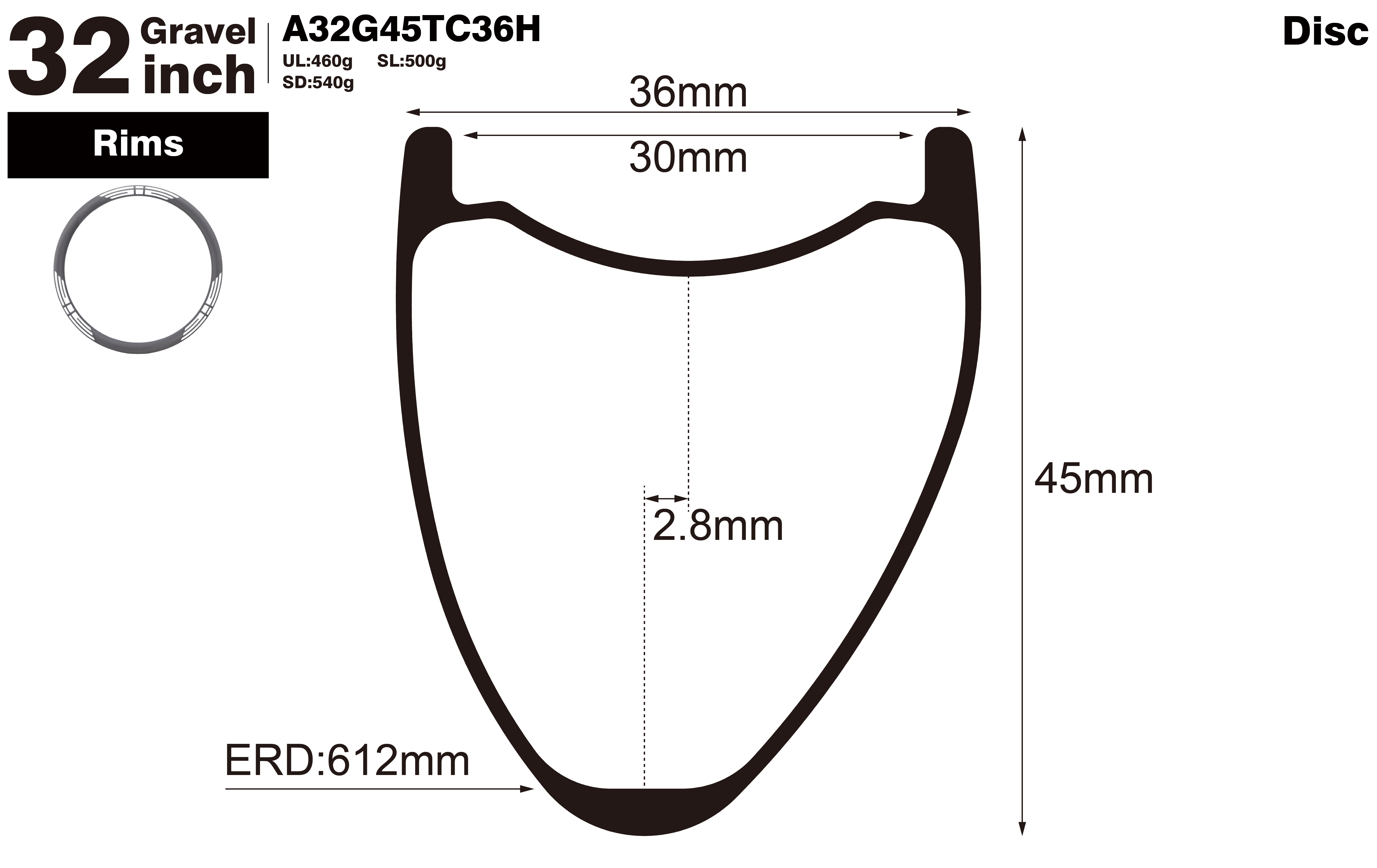 32 inch-I30-D45-asymmetric-road-bike-hookless-gravel-carbon-rims-profile-drawing